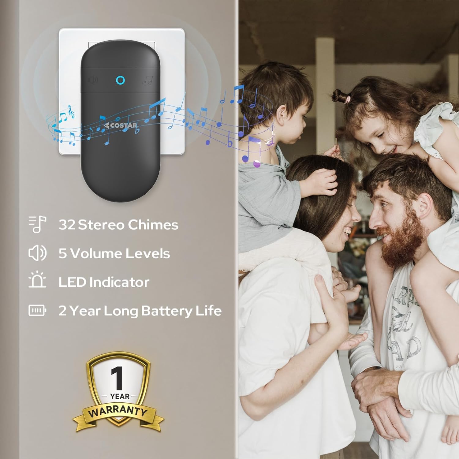 Wireless Doorbell with 32 Ringtones & LED Light | 300m Range Waterproof Door Bell for Home & Office