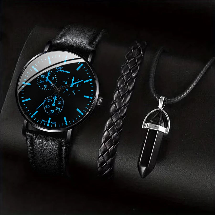 3-Piece Men’s Watch Gift Set – Leather Strap Watch, Necklace & Bracelet