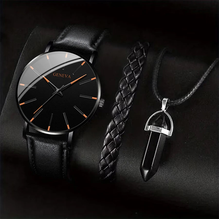 3-Piece Men’s Watch Gift Set – Leather Strap Watch, Necklace & Bracelet