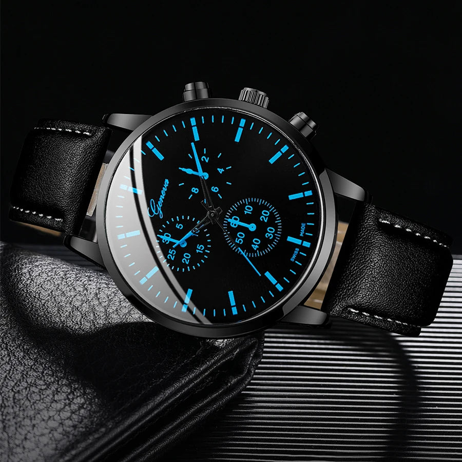 3-Piece Men’s Watch Gift Set – Leather Strap Watch, Necklace & Bracelet