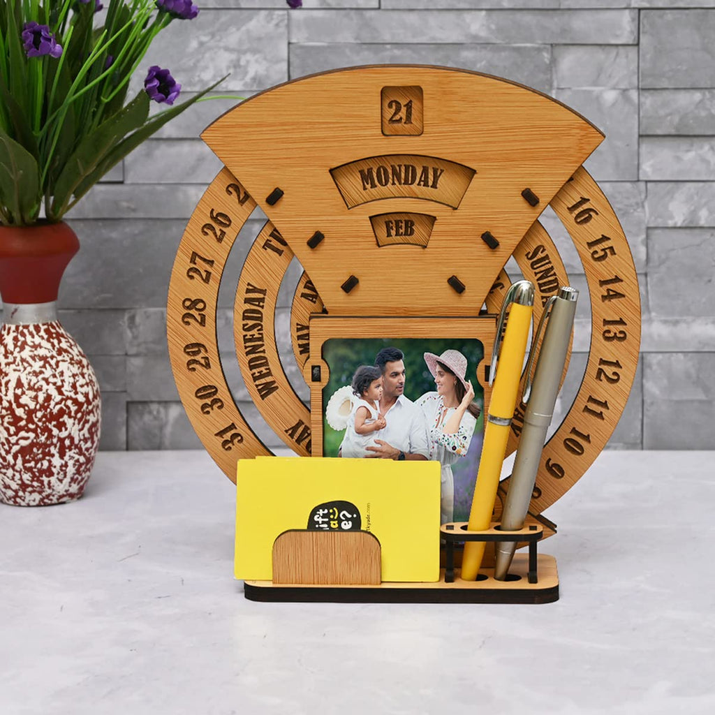 Wooden Perpetual Desk Calendar with Photo Frame & Organizer | Reusable Office & Home Decor Gift