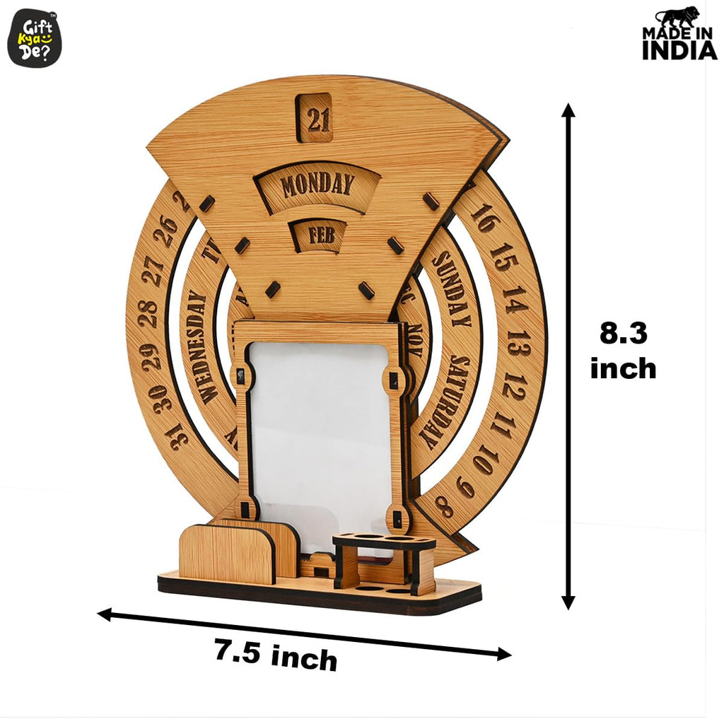 Wooden Perpetual Desk Calendar with Photo Frame & Organizer | Reusable Office & Home Decor Gift