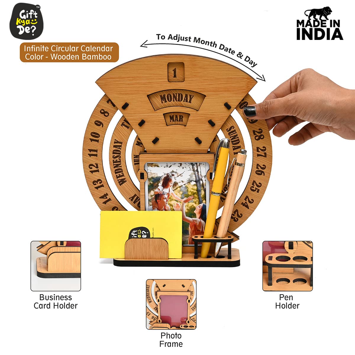 Wooden Perpetual Desk Calendar with Photo Frame & Organizer | Reusable Office & Home Decor Gift