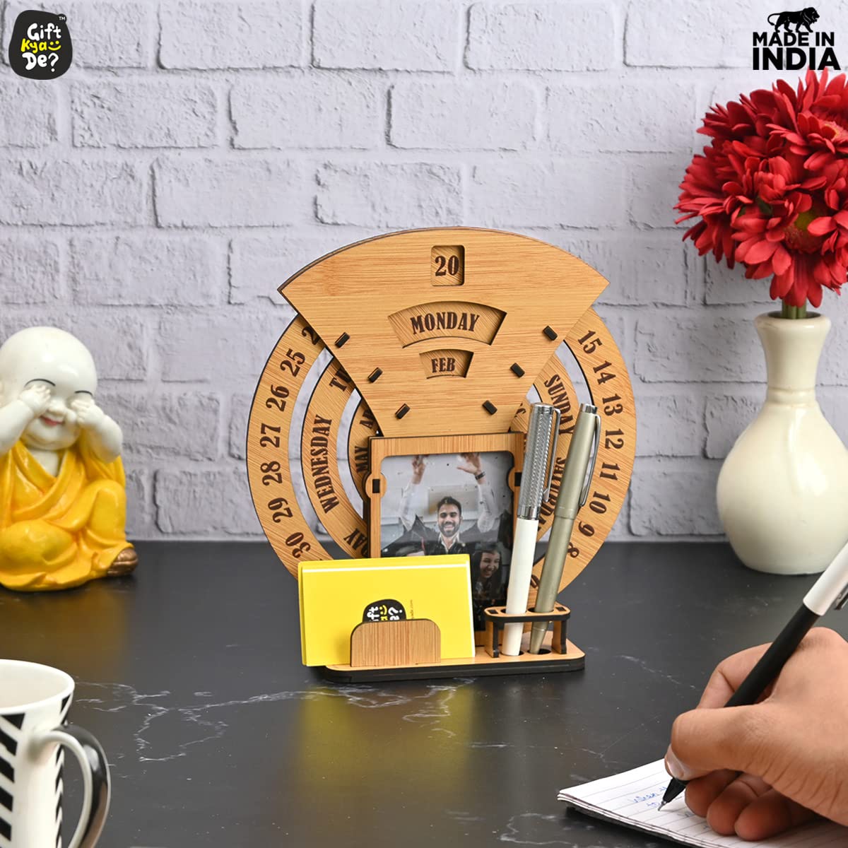 Wooden Perpetual Desk Calendar with Photo Frame & Organizer | Reusable Office & Home Decor Gift