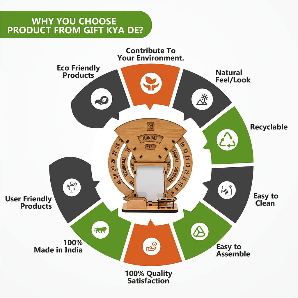 Wooden Perpetual Desk Calendar with Photo Frame & Organizer | Reusable Office & Home Decor Gift