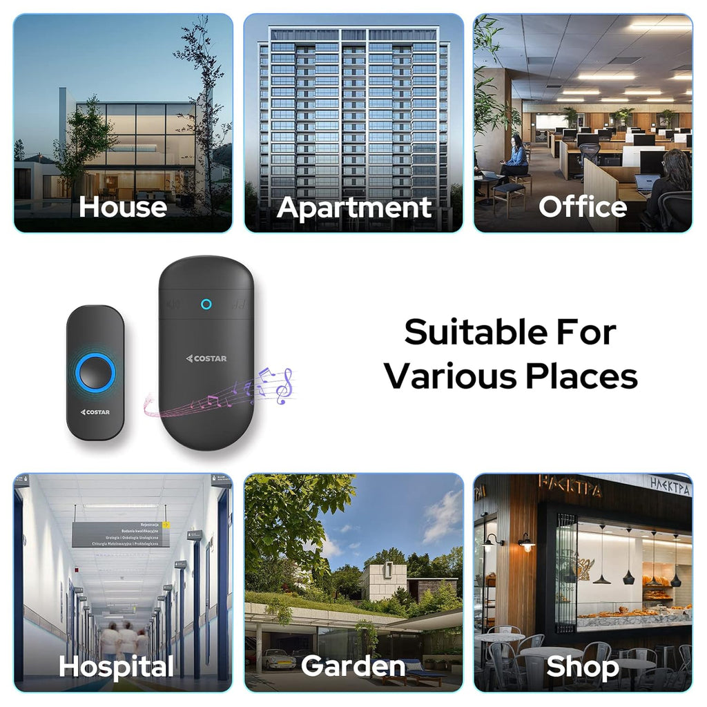 Wireless Doorbell with 32 Ringtones & LED Light | 300m Range Waterproof Door Bell for Home & Office